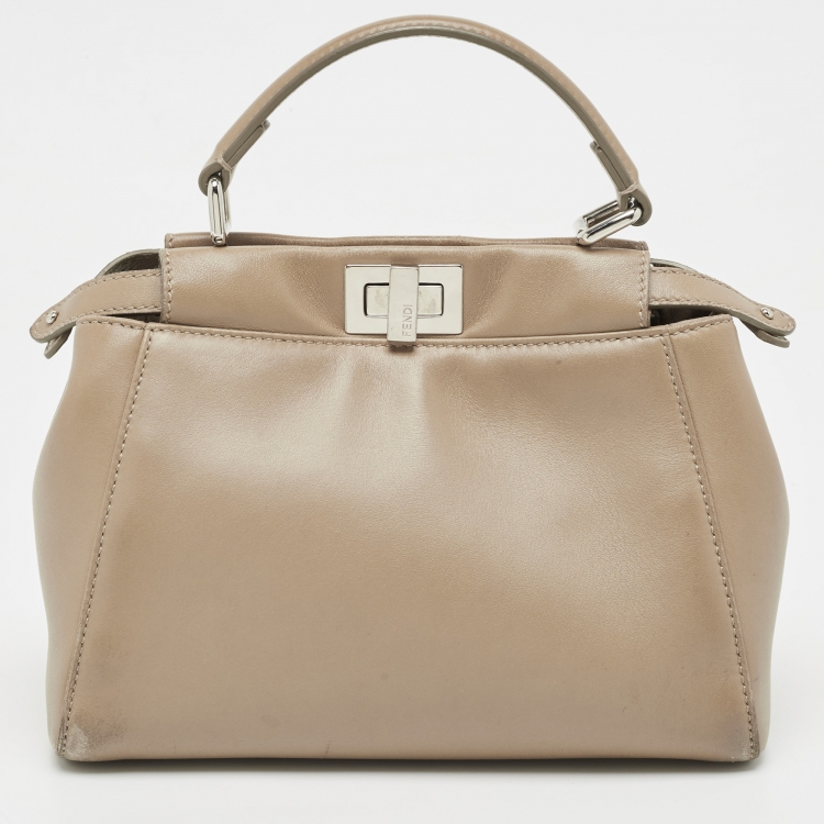 Pre Owned Fendi Dark Beige Leather Mini Peekaboo Top Handle Bag