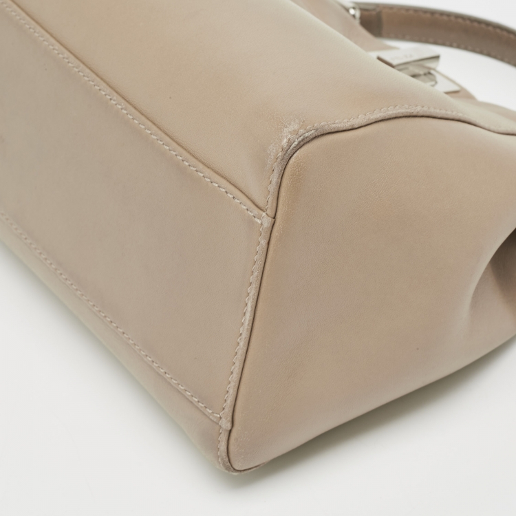Pre Owned Fendi Dark Beige Leather Mini Peekaboo Top Handle Bag