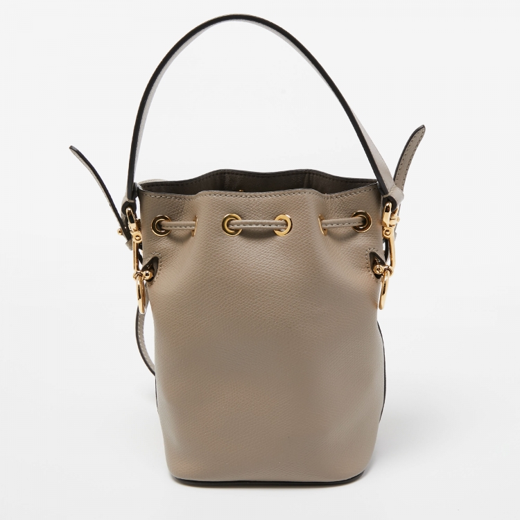 Pre Owned Fendi Grey Leather Mini Mon Tresor Drawstring Bucket Bag