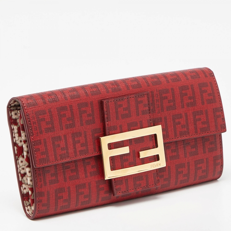 Pre Owned Fendi Red Zucca Coated Canvas Flap Continental Wallet