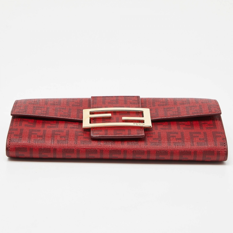 Pre Owned Fendi Red Zucca Coated Canvas Flap Continental Wallet