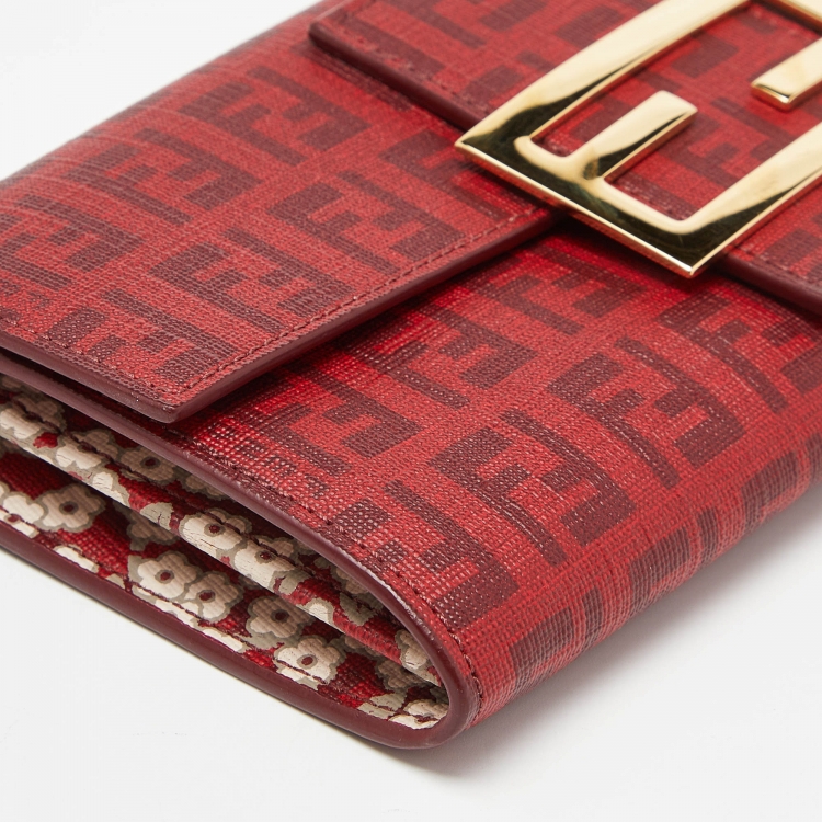 Pre Owned Fendi Red Zucca Coated Canvas Flap Continental Wallet