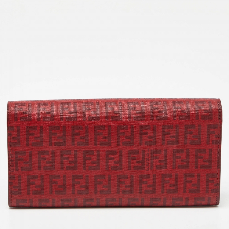 Pre Owned Fendi Red Zucca Coated Canvas Flap Continental Wallet
