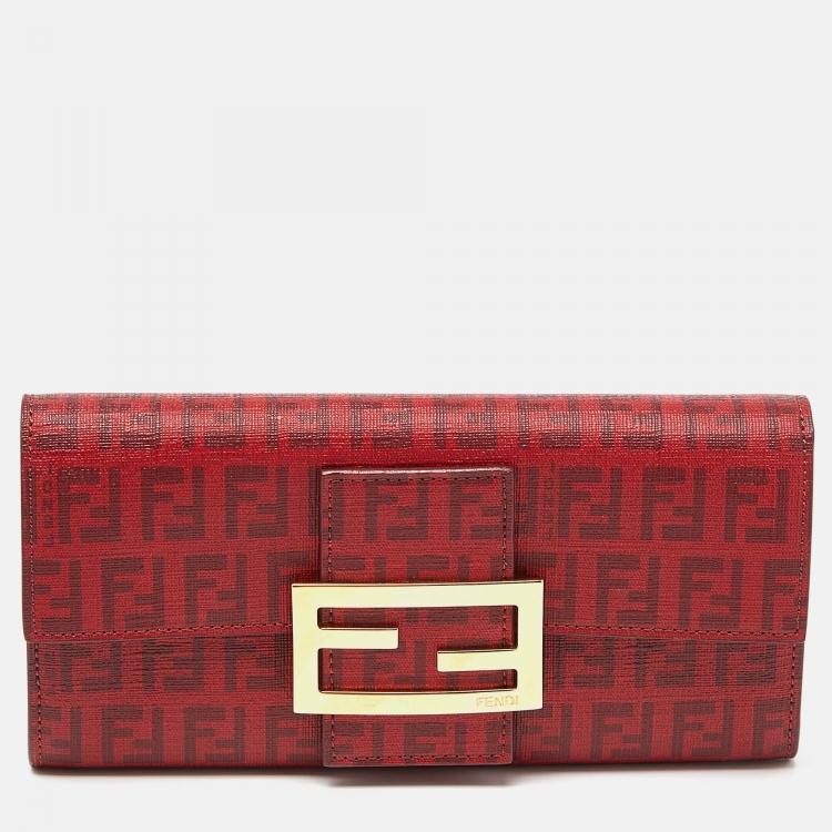Pre Owned Fendi Red Zucca Coated Canvas Flap Continental Wallet