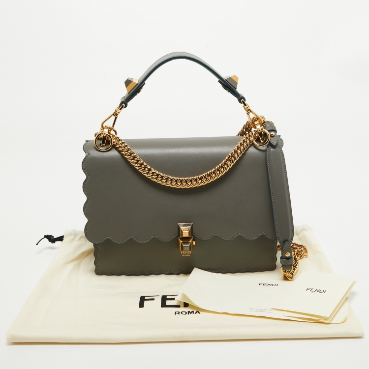 Pre Owned Fendi Grey Scalloped Leather Medium Kan I Shoulder Bag