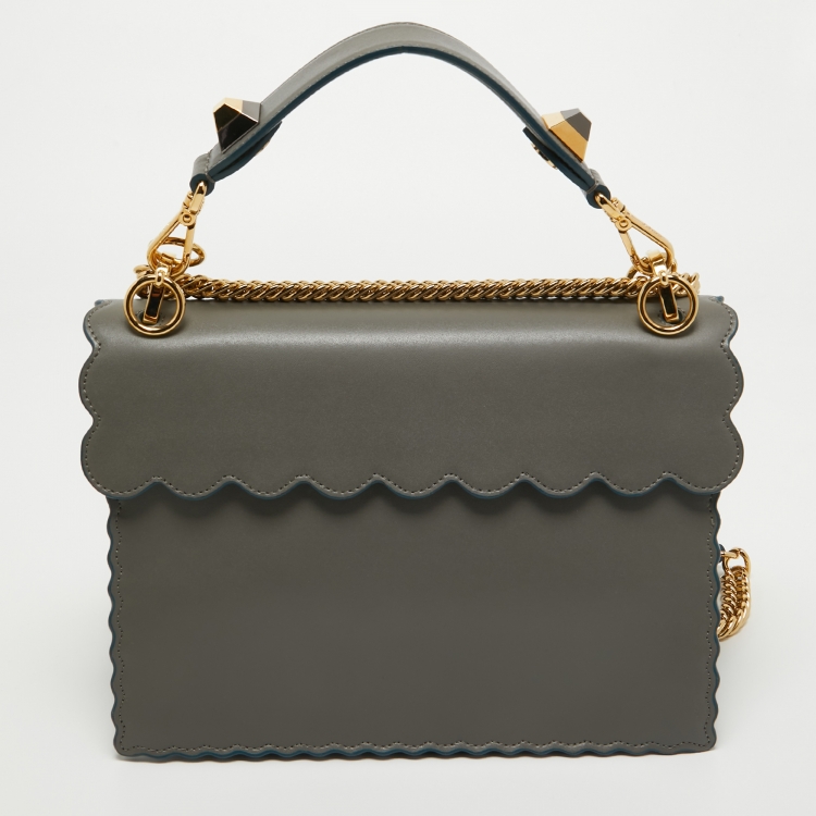 Pre Owned Fendi Grey Scalloped Leather Medium Kan I Shoulder Bag