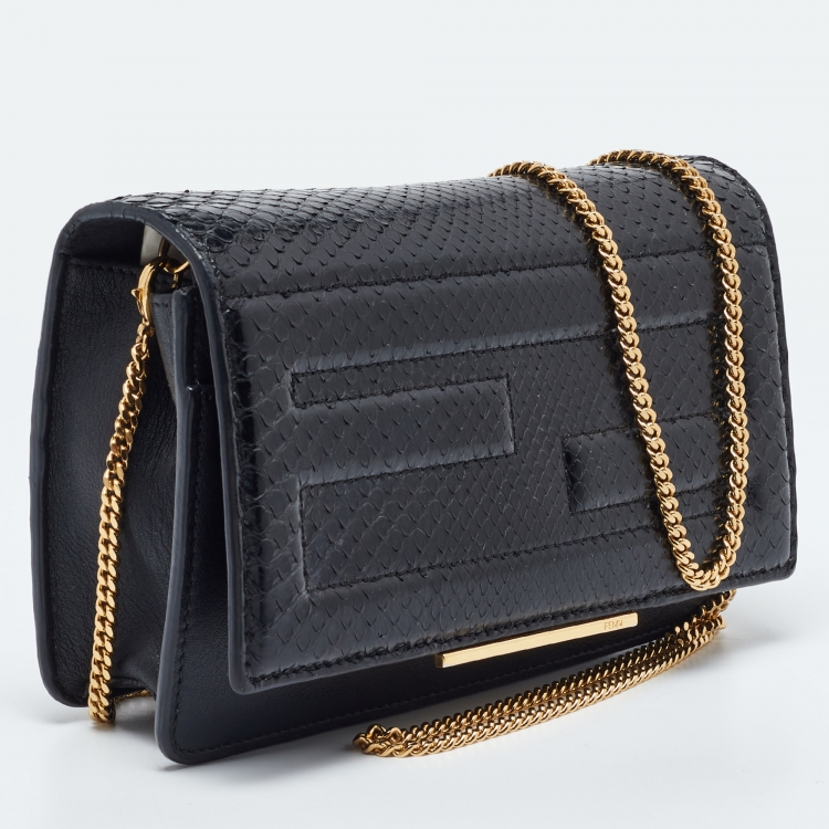 Pre Owned Fendi Black Snakeskin and Leather Tube Wallet on Chain