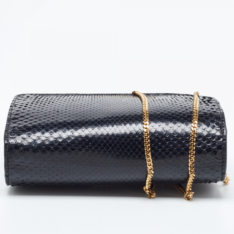 Pre Owned Fendi Black Snakeskin and Leather Tube Wallet on Chain