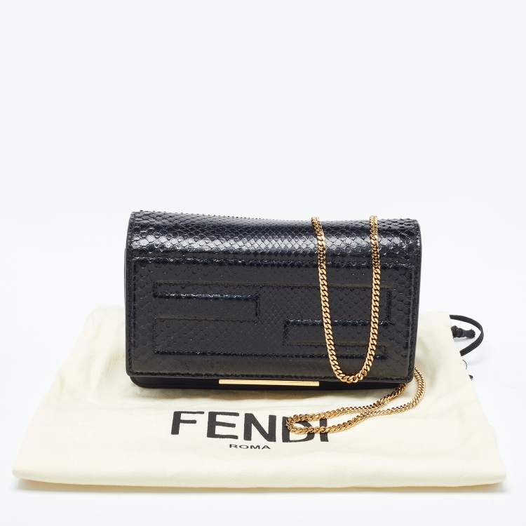 Pre Owned Fendi Black Snakeskin and Leather Tube Wallet on Chain