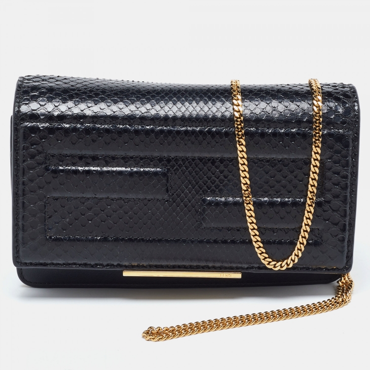 Pre Owned Fendi Black Snakeskin and Leather Tube Wallet on Chain