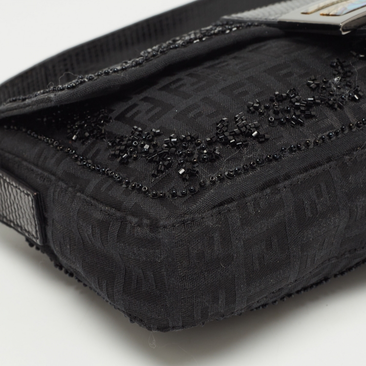 Pre Owned Fendi Black Zucca Canvas and Lizard Embossed Leather Beaded Baguette Bag