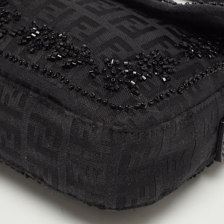 Pre Owned Fendi Black Zucca Canvas and Lizard Embossed Leather Beaded Baguette Bag