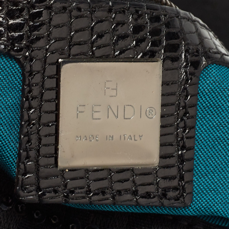 Pre Owned Fendi Black Zucca Canvas and Lizard Embossed Leather Beaded Baguette Bag