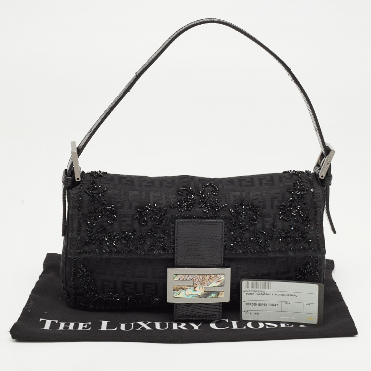 Pre Owned Fendi Black Zucca Canvas and Lizard Embossed Leather Beaded Baguette Bag
