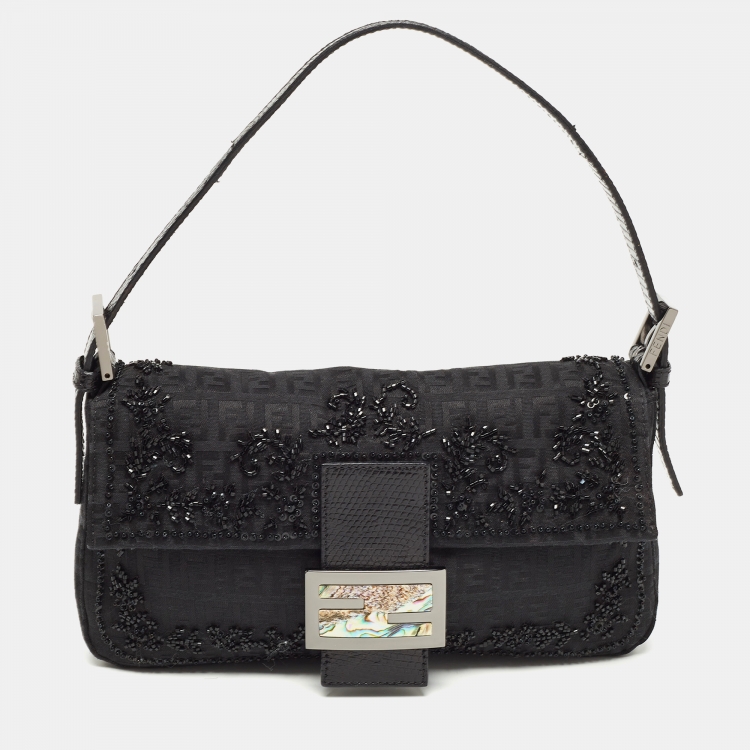Pre Owned Fendi Black Zucca Canvas and Lizard Embossed Leather Beaded Baguette Bag