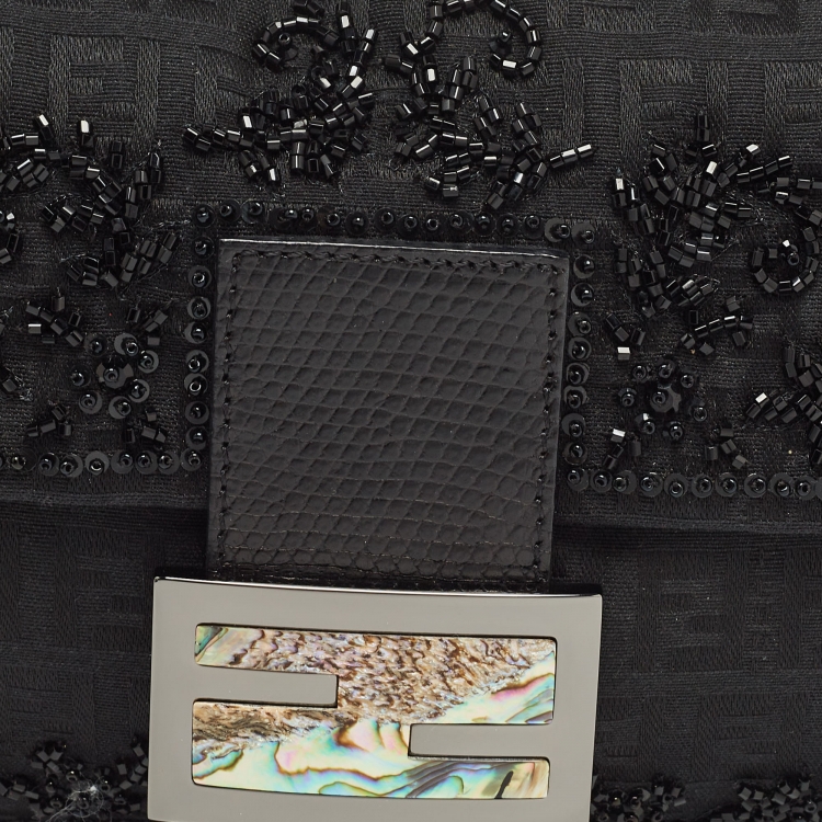 Pre Owned Fendi Black Zucca Canvas and Lizard Embossed Leather Beaded Baguette Bag