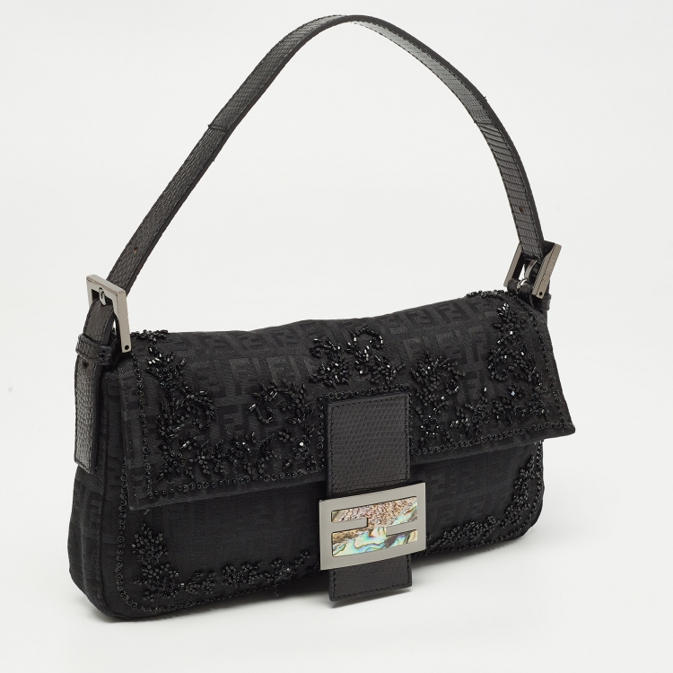 Pre Owned Fendi Black Zucca Canvas and Lizard Embossed Leather Beaded Baguette Bag