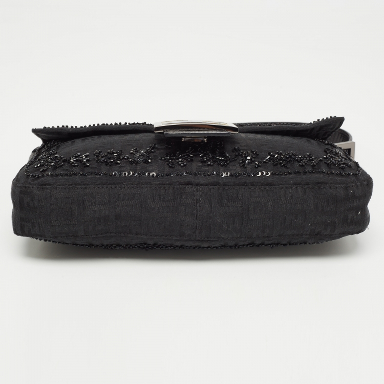 Pre Owned Fendi Black Zucca Canvas and Lizard Embossed Leather Beaded Baguette Bag