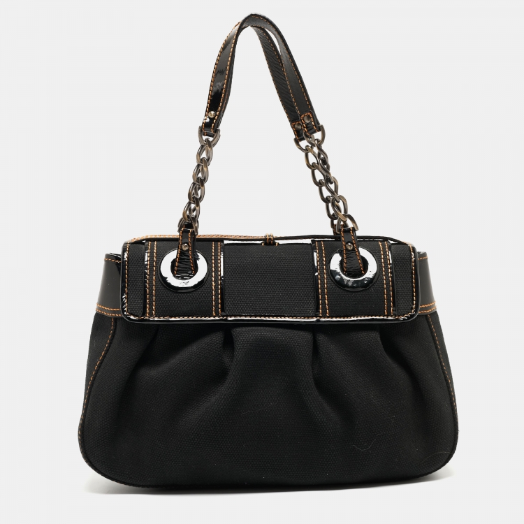 Pre Owned Fendi Black Patent Leather and Canvas B Shoulder Bag