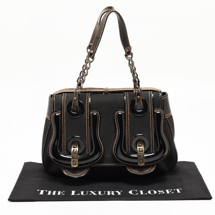 Pre Owned Fendi Black Patent Leather and Canvas B Shoulder Bag