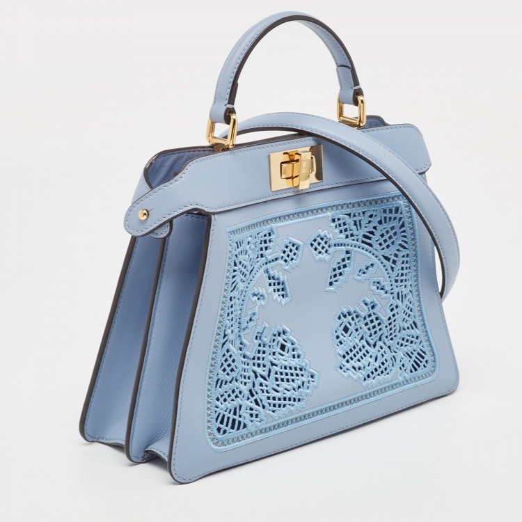 Pre Owned Fendi Light Blue Lasercut Leather Small Peekaboo ISeeU Top Handle Bag