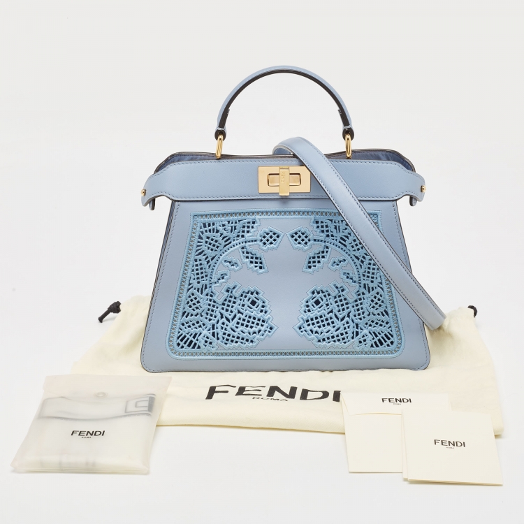 Pre Owned Fendi Light Blue Lasercut Leather Small Peekaboo ISeeU Top Handle Bag