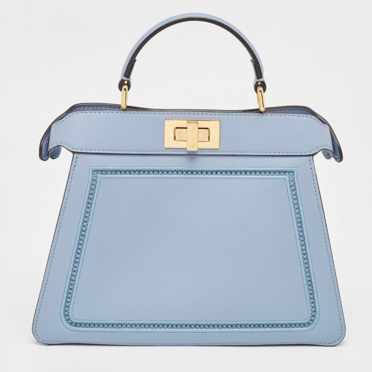 Pre Owned Fendi Light Blue Lasercut Leather Small Peekaboo ISeeU Top Handle Bag