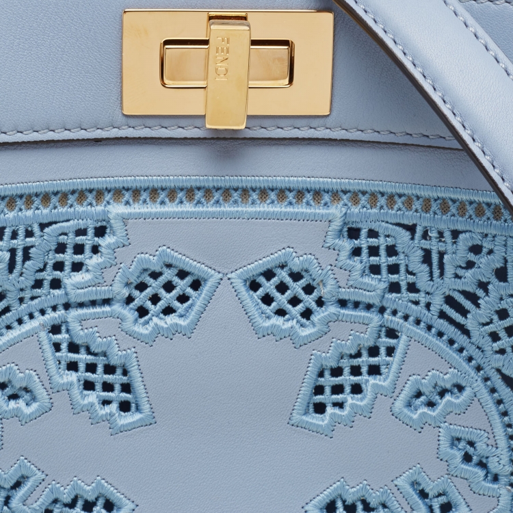 Pre Owned Fendi Light Blue Lasercut Leather Small Peekaboo ISeeU Top Handle Bag