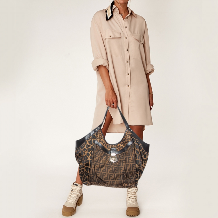 Pre Owned Fendi Tobacco Zucca and Leopard Print Canvas and Leather Large Borsa Chef Hobo