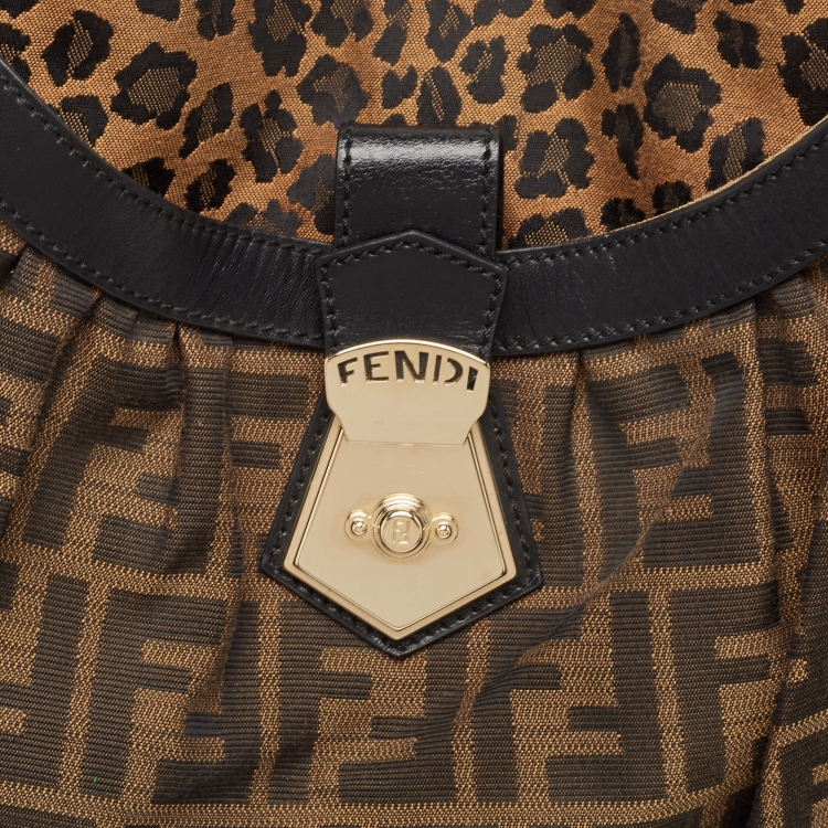 Pre Owned Fendi Tobacco Zucca and Leopard Print Canvas and Leather Large Borsa Chef Hobo