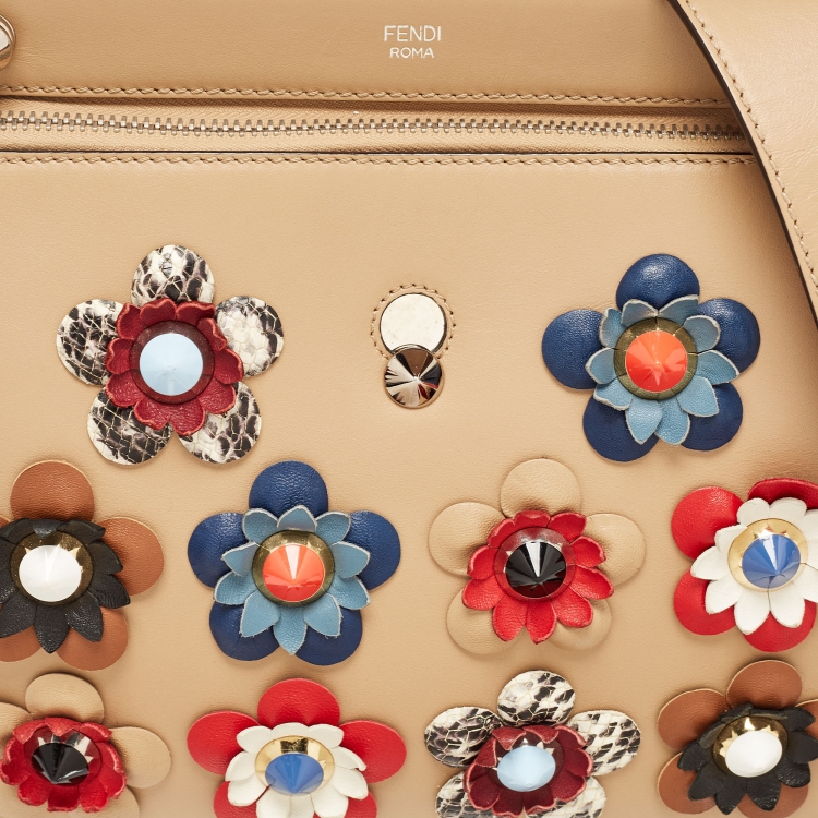 Pre Owned Fendi Beige Leather Flowerland Dotcom Top Handle Bag