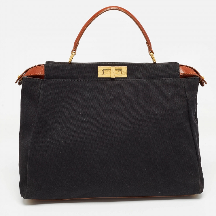 مملوكة مسبقًا Fendi Black/Brown Leather and Canvas Large Peekaboo Top Handle Bag