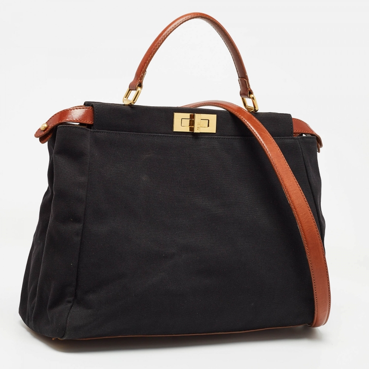 مملوكة مسبقًا Fendi Black/Brown Leather and Canvas Large Peekaboo Top Handle Bag