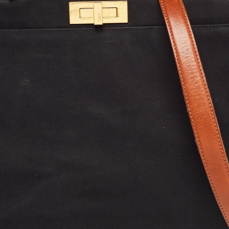 مملوكة مسبقًا Fendi Black/Brown Leather and Canvas Large Peekaboo Top Handle Bag