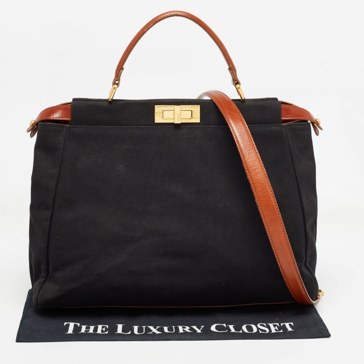 مملوكة مسبقًا Fendi Black/Brown Leather and Canvas Large Peekaboo Top Handle Bag