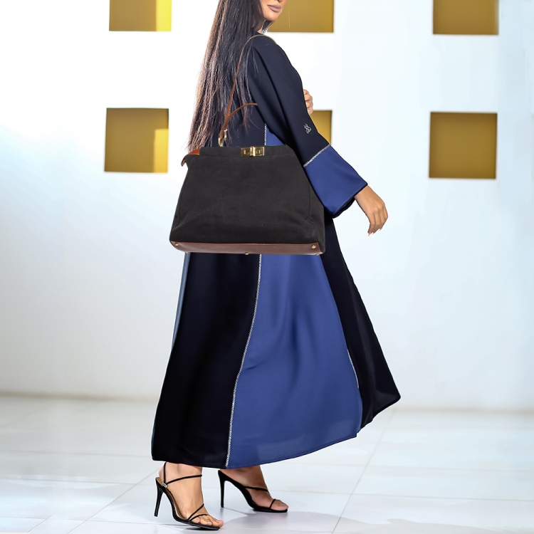 مملوكة مسبقًا Fendi Black/Brown Leather and Canvas Large Peekaboo Top Handle Bag