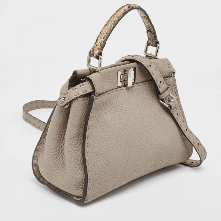 Pre Owned Fendi Beige Selleria Leather and Water Snake Handle Mini Peekaboo Top Handle Bag