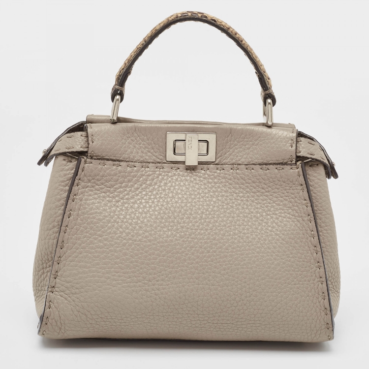 Pre Owned Fendi Beige Selleria Leather and Water Snake Handle Mini Peekaboo Top Handle Bag