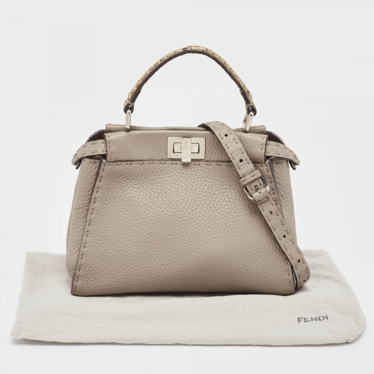 Pre Owned Fendi Beige Selleria Leather and Water Snake Handle Mini Peekaboo Top Handle Bag