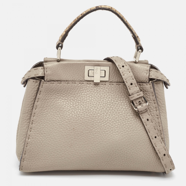 Pre Owned Fendi Beige Selleria Leather and Water Snake Handle Mini Peekaboo Top Handle Bag