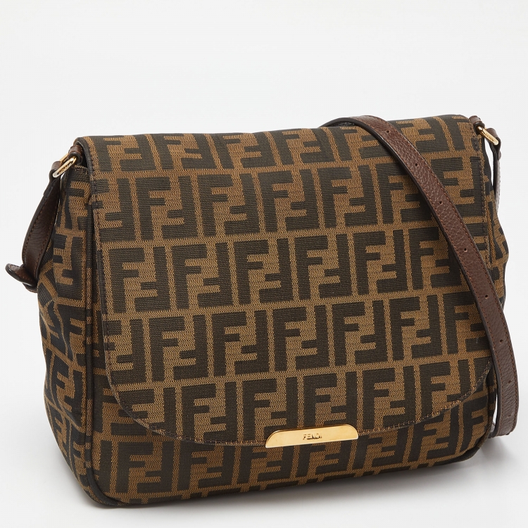 Pre Owned Fendi Tobacco Zucca Canvas and Leather Flap Crossbody Bag