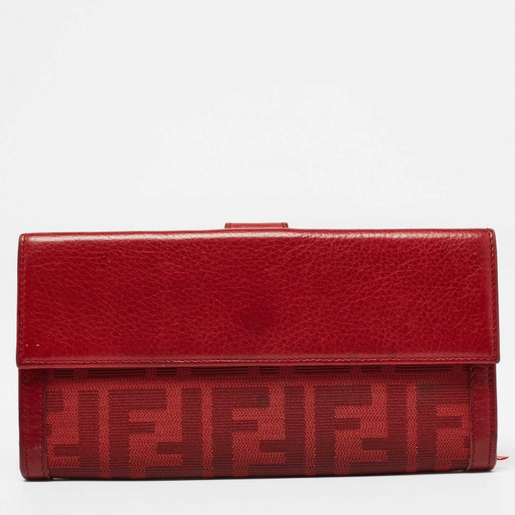 Pre Owned Fendi Red Zucca Canvas and Leather Flap Continental Wallet