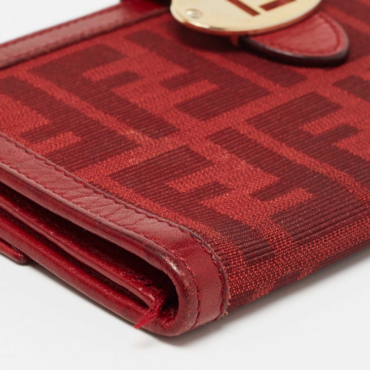 Pre Owned Fendi Red Zucca Canvas and Leather Flap Continental Wallet