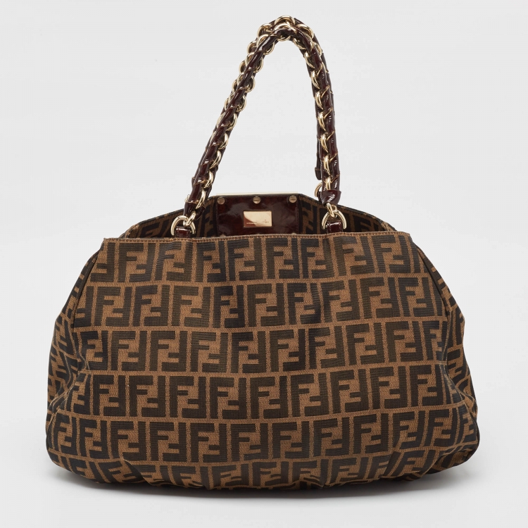 Pre Owned Fendi Tobacco Zucca Canvas and Patent Leather Large Mia Hobo