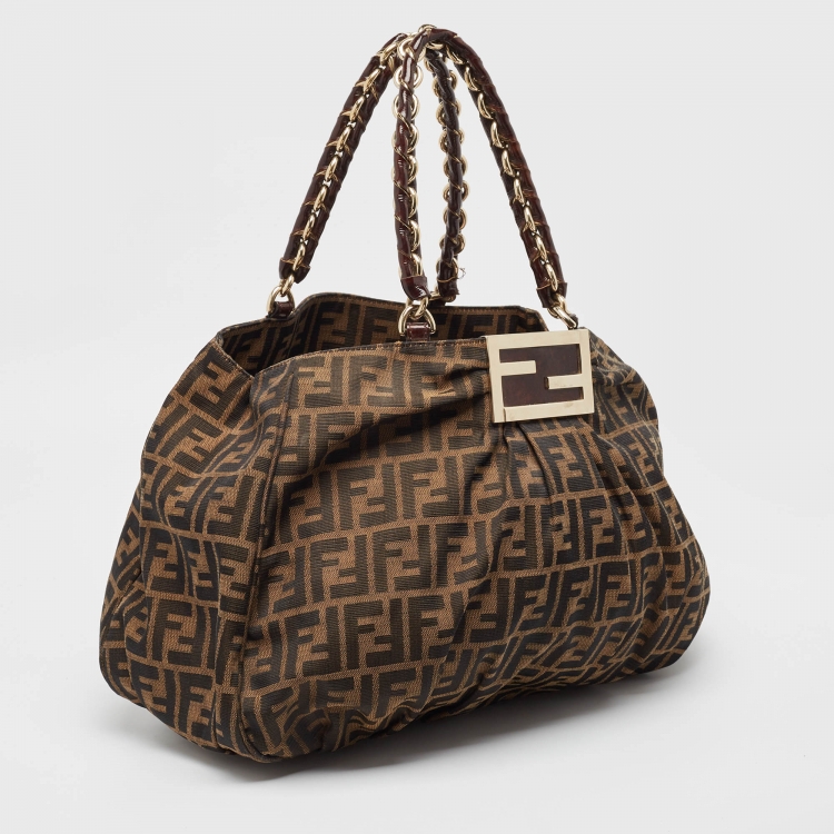 Pre Owned Fendi Tobacco Zucca Canvas and Patent Leather Large Mia Hobo