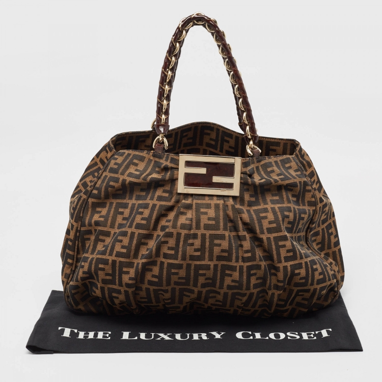 Pre Owned Fendi Tobacco Zucca Canvas and Patent Leather Large Mia Hobo