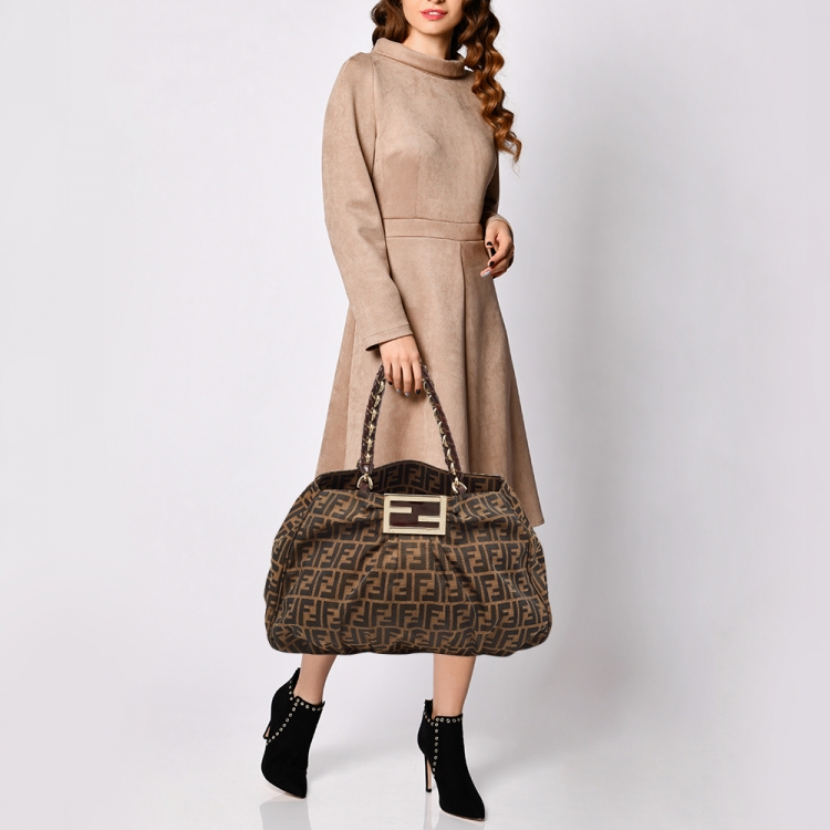 Pre Owned Fendi Tobacco Zucca Canvas and Patent Leather Large Mia Hobo