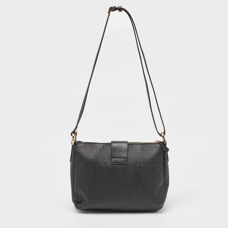 Pre Owned Fendi Black Zuchinno Coated Canvas and Leather Clasp Crossbody Bag 