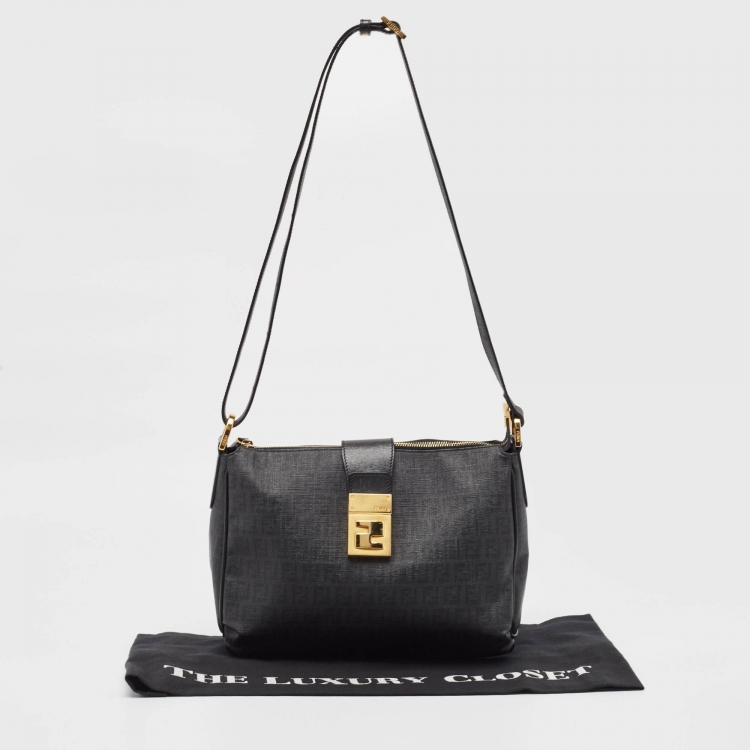 Pre Owned Fendi Black Zuchinno Coated Canvas and Leather Clasp Crossbody Bag 
