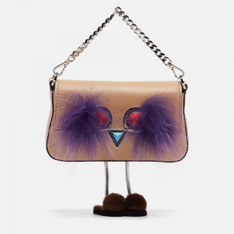 Pre Owned Fendi Beige Leather and Fox Micro Monster Feet Crossbody Bag